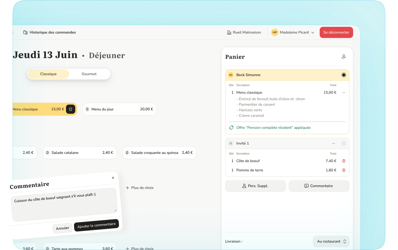 Composition d'un menu personnalisé dans l'application de réservation