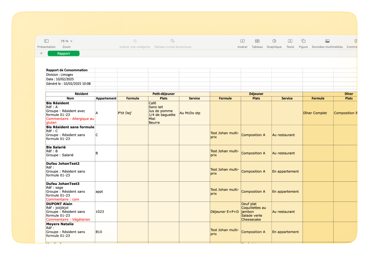 Rapport de consommation détaillé au format Excel
