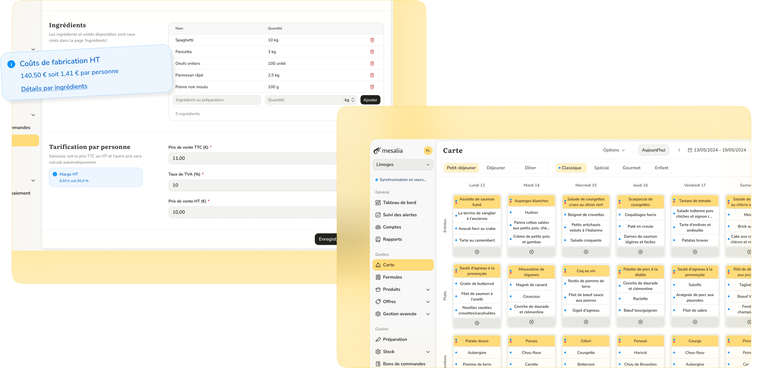 Planification des menus de la semaine dans le logiciel Mesalia